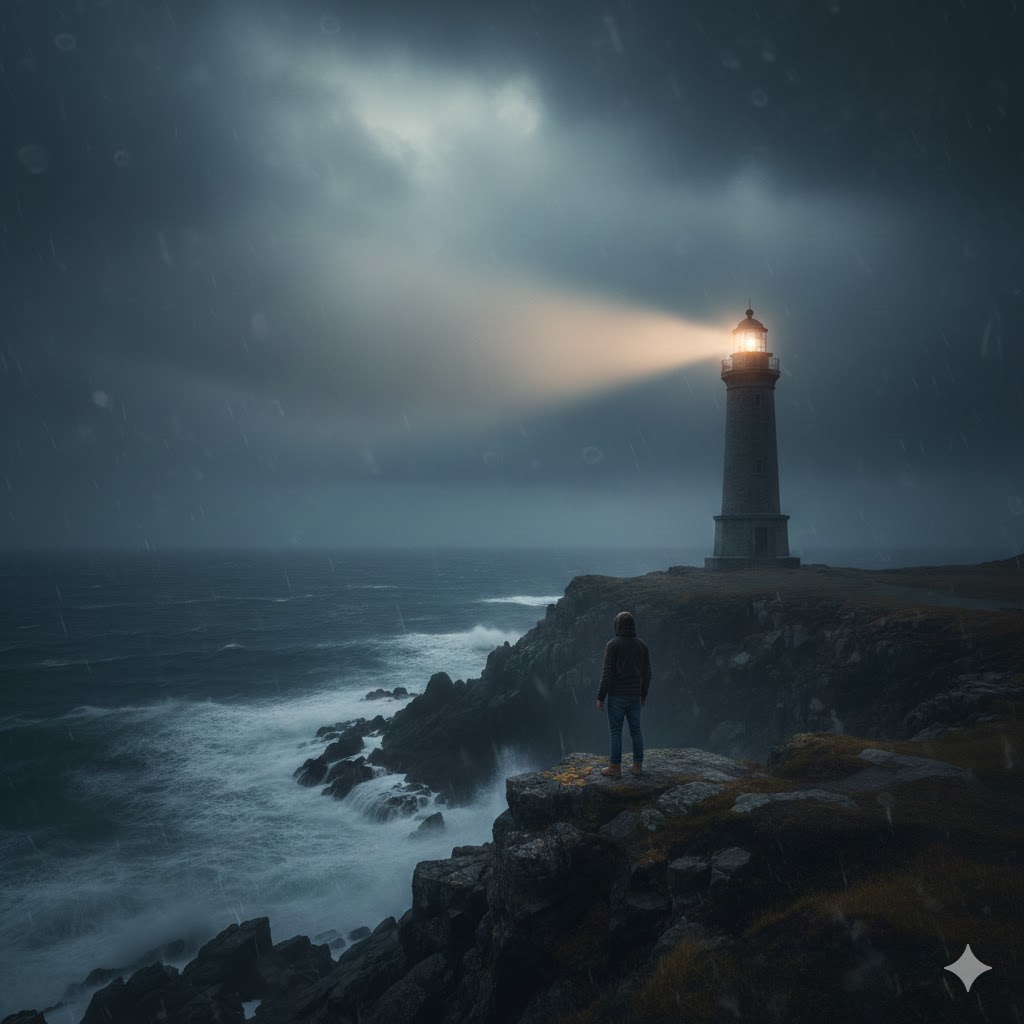 A lone figure facing a lighthouse beam across a storm