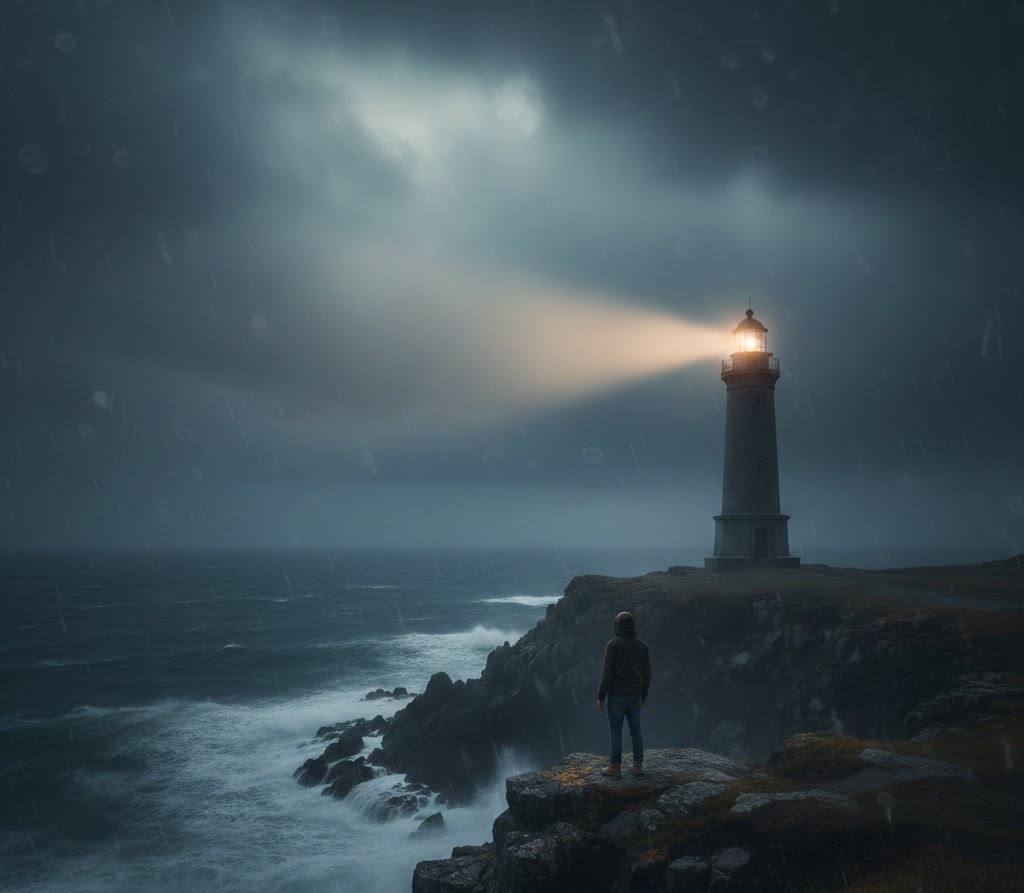 A lone figure facing a lighthouse beam across a storm